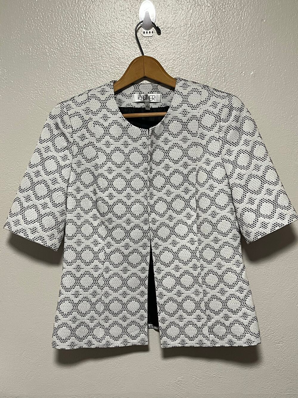 Women's Kasper White Black Textured Open Front Dress Jacket Blazer Coat Size 4